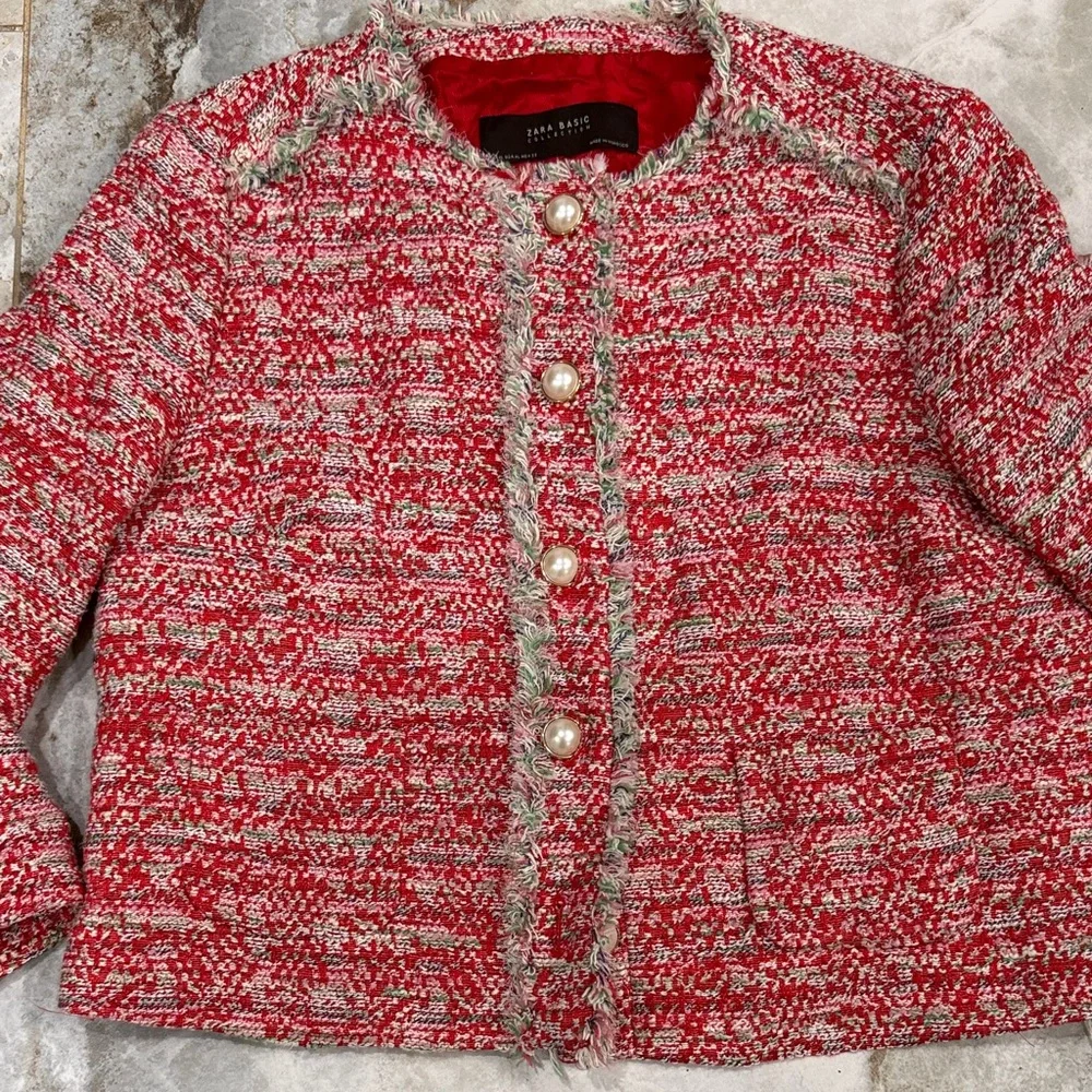 Zara Red Tweed Pearl-Button Jacket - Picture 4 of 8